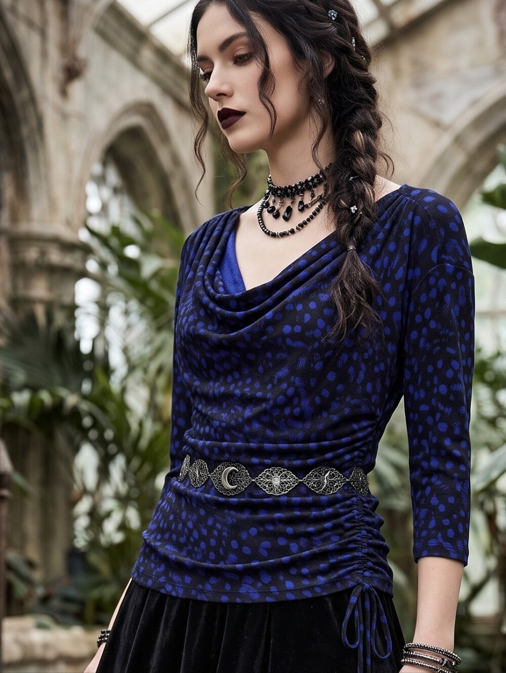 MK Dark Romance Ruched Cowl Neck Top Royal Blue Animal Print Mob Wife